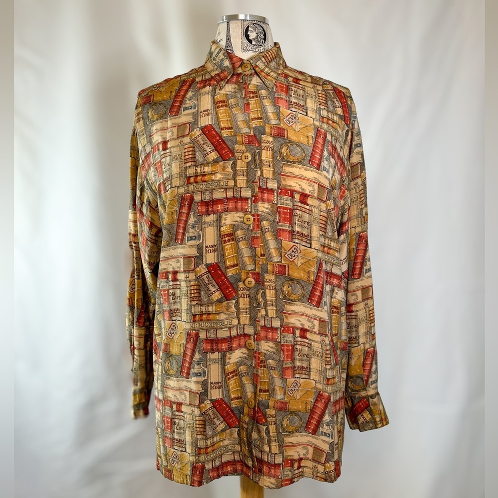 Ellen Tracy Vintage Silk Cream & Red Book Pattern Long Sleeve Women’s Blouse